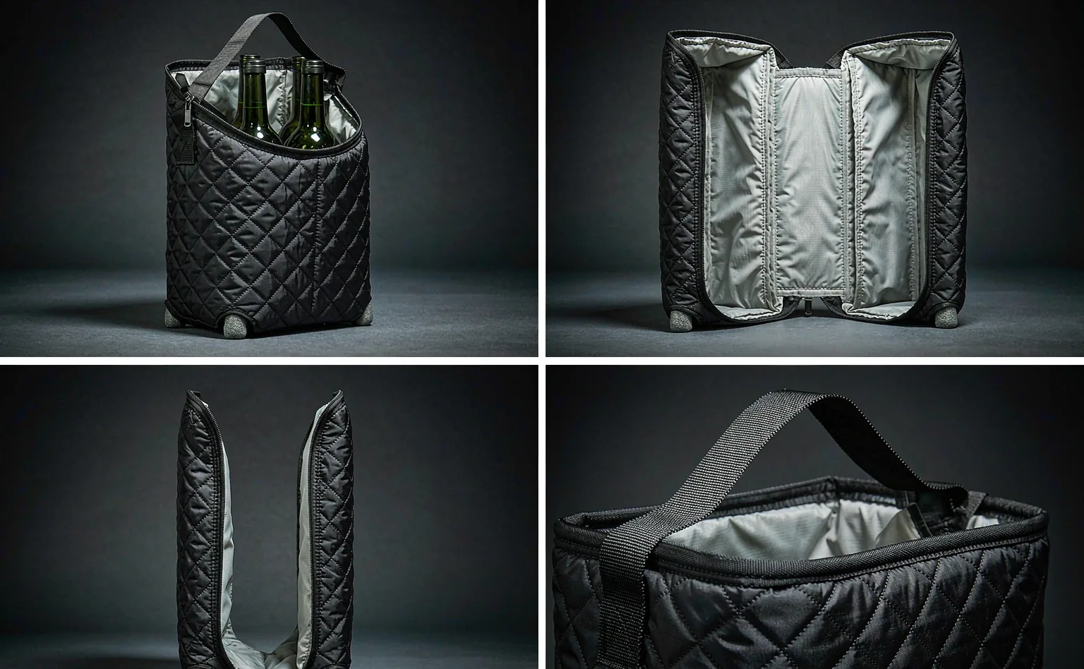 Six custom bag category samples laid out together: an insulated cooler bag, a padded camera bag, a team kit holdall, a two-bottle wine carrier, a neoprene sleeve and a drawstring sack